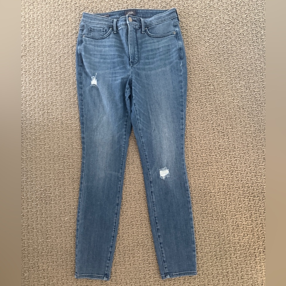 NYDJ Blue Skinny Jeans with Distressed Details